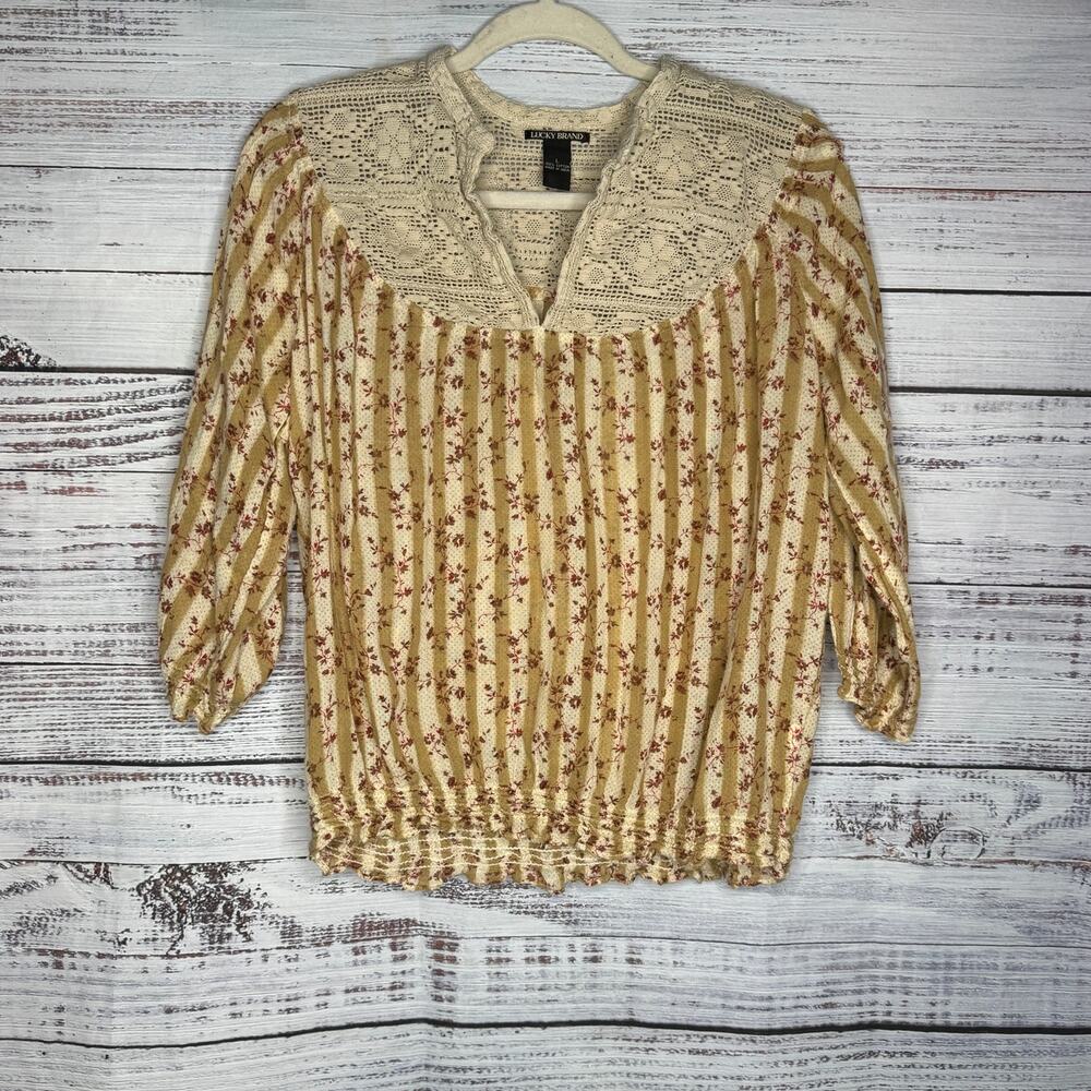 Lucky Brand Tan Long Sleeve Floral Top Lg